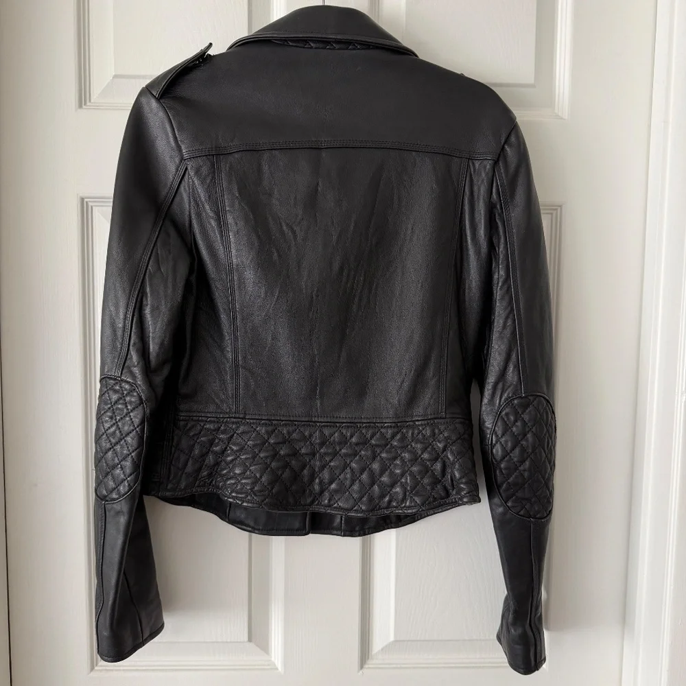 DKNY Black Leather Asymmetrical Moto Jacket with Quilted Details – Size S - Picture 3 of 7